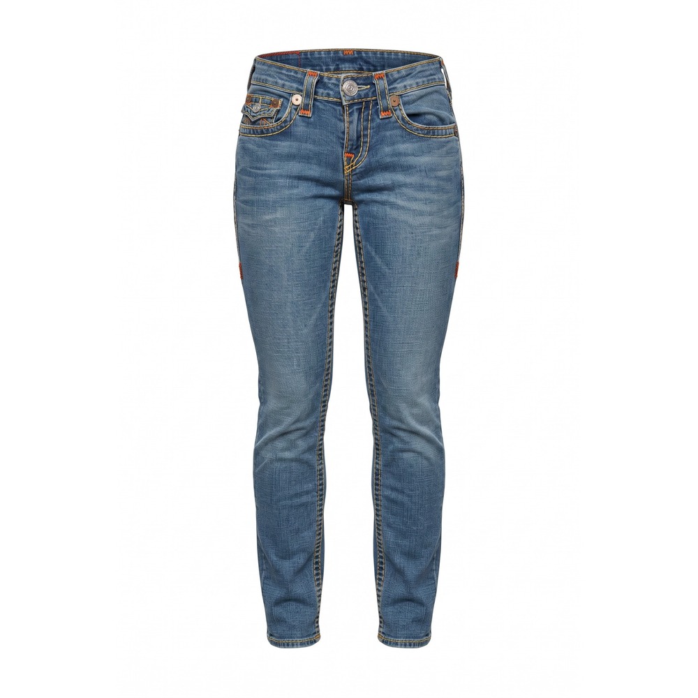 True Religion Womens Low Rise Skinny Jeans Medium Wash Big T Stitch Blue Size 24